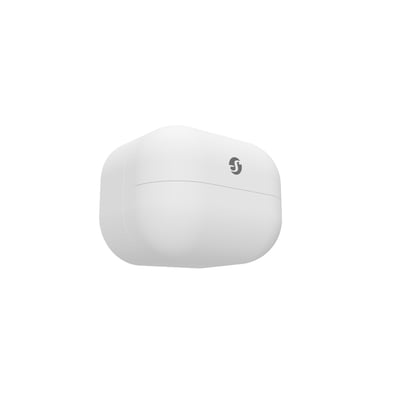 Shelly BLU Motion sensor, en hvid, kompakt Bluetooth bevægelsessensor med Shelly logo på en hvid baggrund.