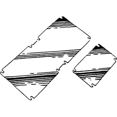Skitser af Fibox montageplader EKPVT i forskellige størrelser, vist med monteringsslidser og perforering.
