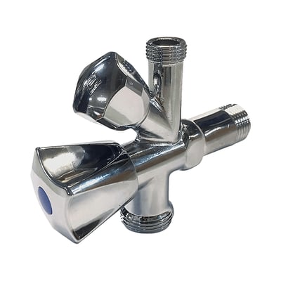 Forkrommet dobbel stoppeventil 1/2" x 3/8" x 3/4" med to grep og gjengetilkoblinger.