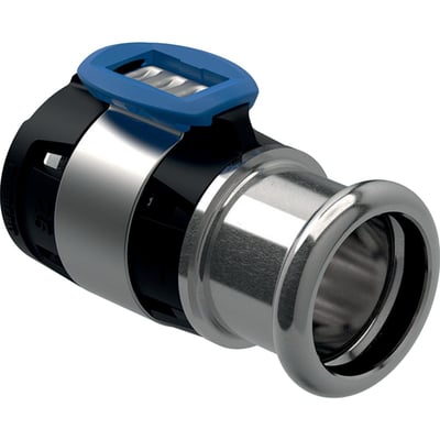 Geberit FlowFit overgangsmuffe 40x35mm i rustfrit stål med sort plastdetalje og blå pressehåndtag, klar til installation.