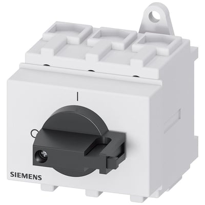 Siemens Sentron 3LD2 hovedbryter med tre poler, 63 A, hvitt hus og svart dreieknapp, sett skrått forfra.