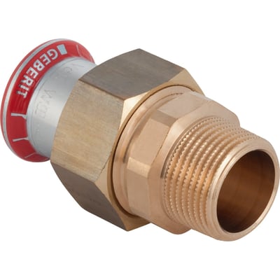 Geberit Mapress FZ-union, 15 mm x 1/2 tomme, sett skrått med sekskantmutter, gjenget nippel og rød beskyttelsesplugg.