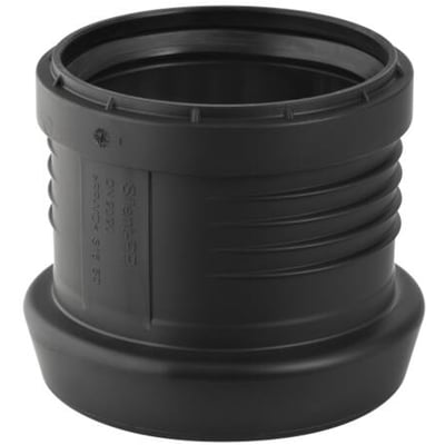 Geberit Silent PP PE-S2 adapter i sort plast med en diameter på 75 mm og noter om materialet og dimensioner på siden.