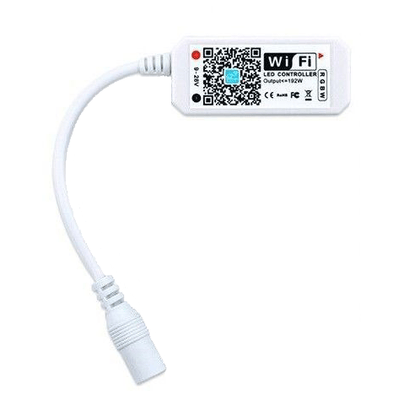Google Smart Home RGB+WW LED-kontroller med hvit kabel og støpsel, vist med Wi-Fi-merke og QR-kode.