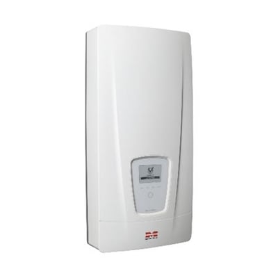 Væghængt Metromini 18 Next gennemstrømningsvandvarmer fra Metro Therm i hvid plast med digitalt display.