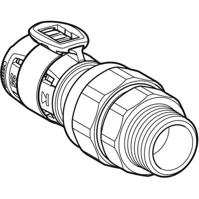 Stretegning af Geberit FlowFit union, 32mm x 1" x 1 1/4", i blyfri siliciumbronze, med udvendigt gevind og klipsdetaljer.