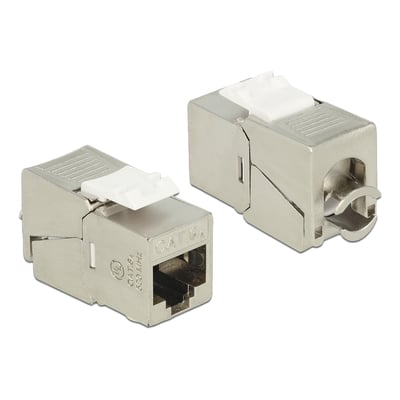 Sølvfarget DeLock keystone-modul for Cat.6A STP med skjermet RJ45-hunnkontakt og LSA-tilkobling, vist fra to vinkler.