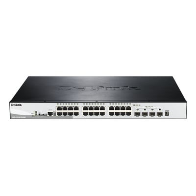 D-Link DGS-1210-28MP managed switch, vist fronten med 24 Gigabit Ethernet-porte og 4 SFP-porte.