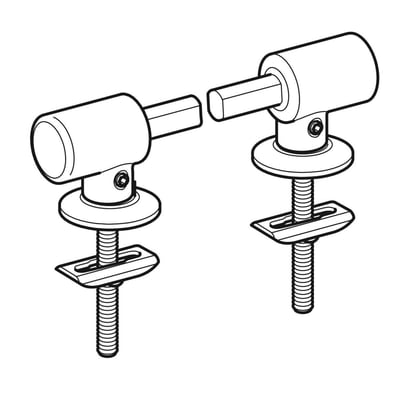 Teknisk tegning af Geberit Group hængselsæt til WC-sæde med soft-close funktion, visende dele og dimensioner.