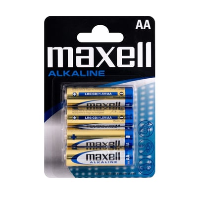 Maxell alkalisk AA/LR06-batteri på 1,5 V i blisterpakning, med fire gylne batterier synlige.
