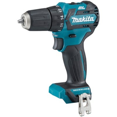 Makita CXT DF332DZ 12 V bore-/skrumaskin i turkis og svart, sett skrått forfra med momentinnstilling og grep.