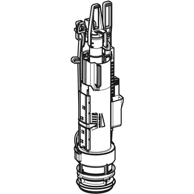 Strektegning av Geberit spylegarnityr type 212 for Omega 82 med vertikal plastmekanisme for 3/6-liters spyling.