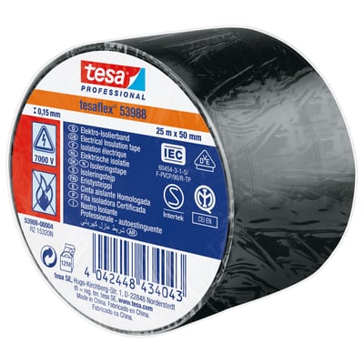 Tesa PVC isoleringstape 50 mm x 25 m sort, tesaflex® 53988 med mærkninger for elektrisk isolering op til 7000 V.