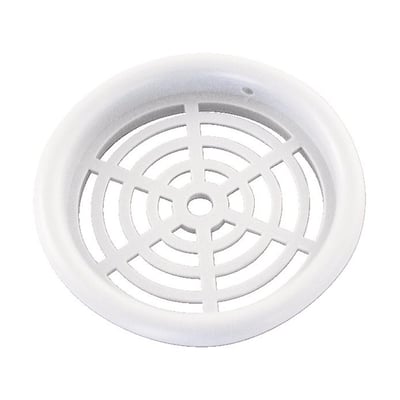 Duka skabsrist type 61.1 i hvid kunststof med en diameter på 43 mm, viser det karakteristiske gittermønster.