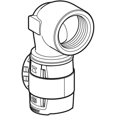 Geberit FlowFit 90° bøjning med 25mm pres-ende og 1" indvendigt gevind, lavet af blyfri rødgods.