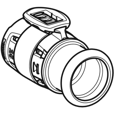 Tegning af Geberit FlowFit overgang 20x18mm, viser presfitting i CrNiMo-stål med blå clip og markeringer.