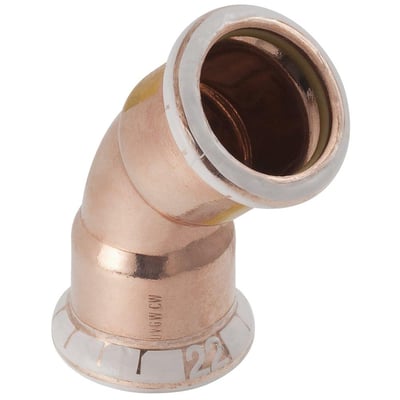 Geberit Mapress 45° kobberbøjning, 22 mm, med muffe til muffe, vist med tydelig markering af rørdimension 22 mm.