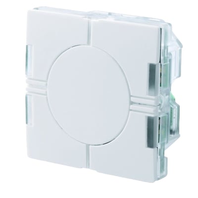Carlo Gavazzi Aurora 44x44 lysbryter med fire trykknapper og fuktighetssensor, sett skrått forfra med synlig kabinett.
