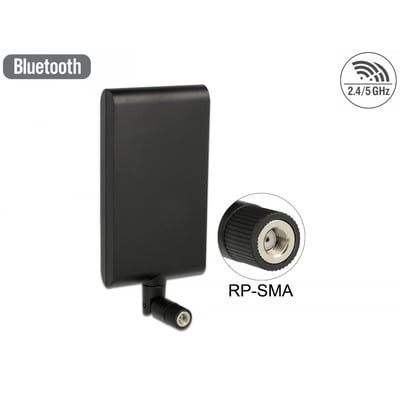 Svart DeLock dualband-WLAN-antenne med flat, rektangulær antenneflate og RP-SMA-plugg, vist med pluggdetalj.