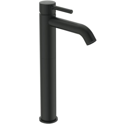 Ideal Standard Ceraline højt håndvaskarmatur i Silk Black med 150mm fremspring og mat overflade på hvid baggrund.