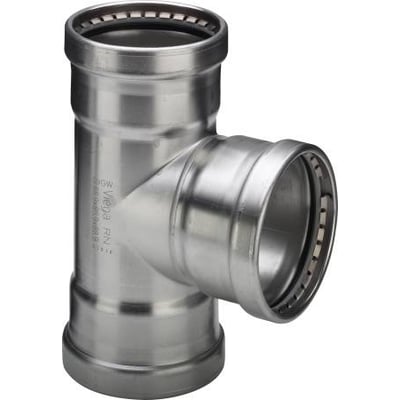 Viega G1 Sanpress Inox XL t-stykke i rustfrit stål med dimensioner 88,9 x 54 x 88,9 mm til brugsvandsinstallationer.