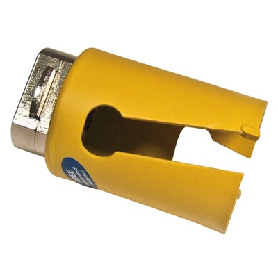 PRO-FIT Multi Purpose HM hulsav med adaptor, 64 mm, vist fra siden med fokus på HM skæret og gul krop.