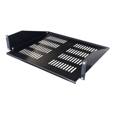 Sort Toten fast rackhylde til G-serien, 2U og 381 mm dyb, med aflange ventilationsåbninger, set skråt forfra.