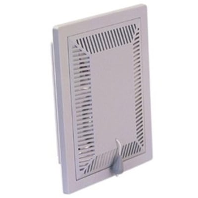 Set fra siden af en hvid Duka klapventil type 113, 150x150 mm, med en delvist lukket klap og den karakteristiske snor.