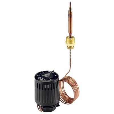 Danfoss RAVK termostatisk element med 2 meters kapillarrør og justeringsknap til 25-45°C, vist på hvid baggrund.
