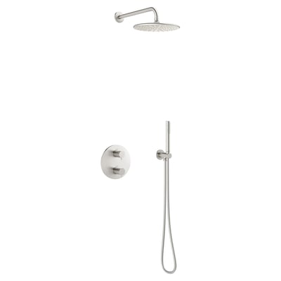 Damixa Silhouet HS1 indbygningsbrusesæt i børstet stål med 2-grebs betjening og rund hovedbruser samt stick håndbruser.