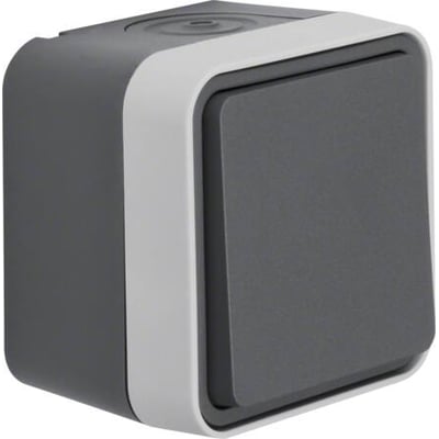 Berker grå krydsningsafbryder med hvid ramme, 250V, 16A, IP55, med tydelig trykknap og robust design.