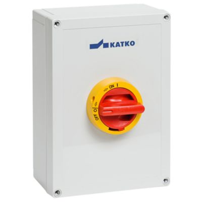 Katko sikkerhedsafbryder 3P 125A i gråt plastikhus, med gul/rød drejeknap og tydelige ON/OFF markeringer.