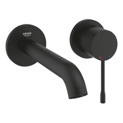 Grohe Essence 2-hulls servantbatteri i Phantom Black med vegghengt, buet tut og separat, slankt metallgrep.