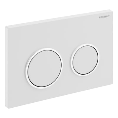 Geberit Kappa21 betjeningsplade i hvid, med to dobbelte skylleknapper, der har en hvid/krom finish.
