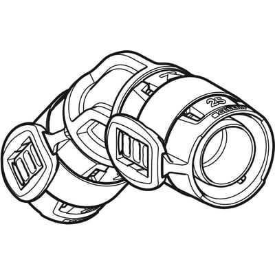 Tegning af Geberit FlowFit 45° bøjning til 40mm rør i sort PPSU med markeringer.