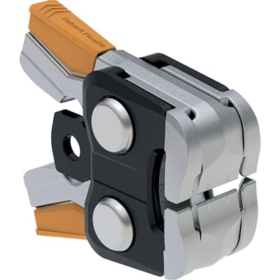 Geberit FlowFit pressekæbe til 50-75mm rør, med orange og sort detaljering, vist i farver på hvid baggrund.