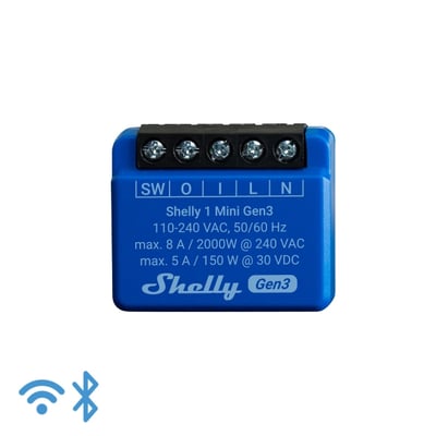 Shelly 1 Mini (Gen 3) WiFi-styret 1-kanals relæ med 8A kapacitet og potentialfrit kontaktsæt, med ikoner for WiFi og Bluetooth.