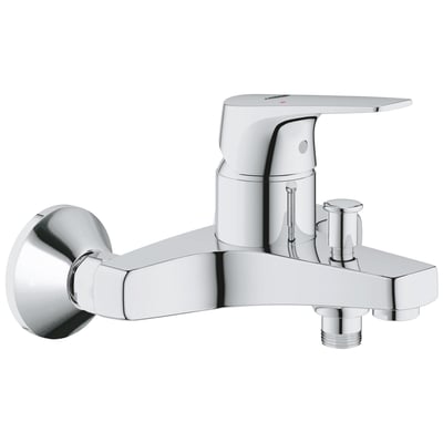 Detaljeret billede af Grohe START Flow etgrebsbatteri med forkromet finish, vist på hvid baggrund.