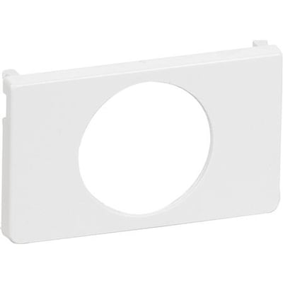 Hvid LK FUGA afdækning til bevægelsessensor PIR 10A, 1 modul, med standard overflade og central cirkulær åbning for tangent.