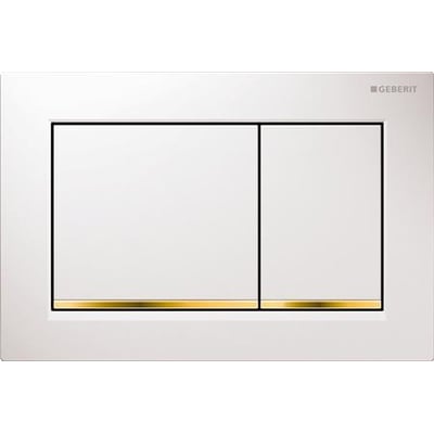 Geberit Omega30 betjeningsplade i hvid med elegante gulddetaljer, designet til dobbeltskyl.