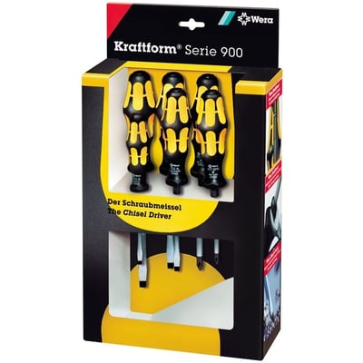 Wera Kraftform Serie 900 skruetrækkersæt i sort og gul emballage, der viser flere skruetrækkere med ergonomiske håndtag.