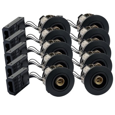 Sett med 10 svarte LEDlife Inno88-downlights med GU10-sokkel og koblingsbokser.