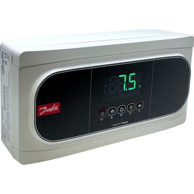 Danfoss AK-RC 204B kjøleromsstyring med Optyma-regulator, lyst kabinett, svart front og grønt display.