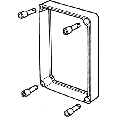 Illustration af Fibox mellemramme EKPZR med fire monteringsskruer, der viser tilbehør til installation.