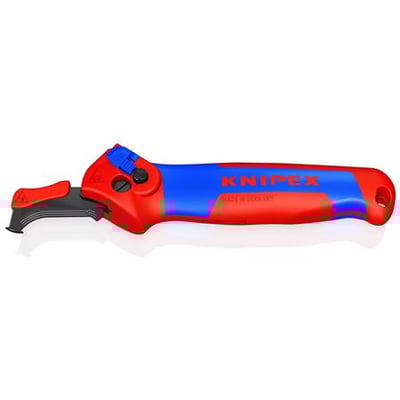 KNIPEX 16 50 145 SB afisoleringskniv i rød og blå med tre skæreområder, velegnet til kabler op til 7 mm tykkelse.