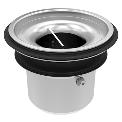 Blücher indbygningsvandlås med lugtstop, 110 mm i rustfrit stål med en udvendig sort pakning og synlig bolt på siden.