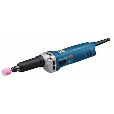 Bosch GGS 8 rettholder med 750 W motor og blå maskinkropp, vist skrått fra siden med slipeskive montert.