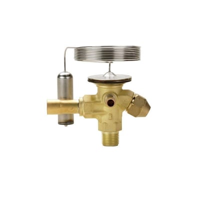 Danfoss TES2 termostatisk ekspansjonsventil for R404A/R507 sett fra siden med messinghus, føler og opprullet kapillarrør.