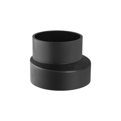 Geberit PEH reduktion, sort, med tydelig mærkning af mærke og dimensioner, diameter 110/63 mm.