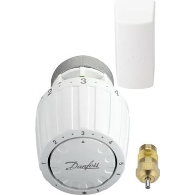 Danfoss RA/V 2963 servicetermostat i hvid med temperaturhjul, fjernfølerdæksel og messingfarvet pakdåse.